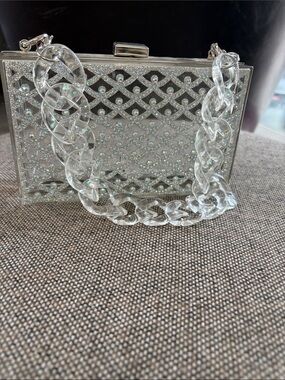 Silver Crystal Embellished Acrylic Chain Clutch